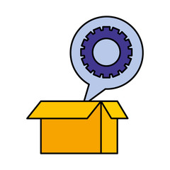 box carton and speech bubble with gear machine