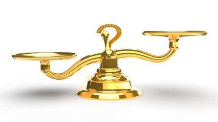 image of Golden scales, with empty bowls, the idea of judgment and evaluation, a balanced approach to case prioritisation and the definition of values. 3D rendering on white background.