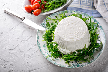 Ricotta cheese with arugula and tomatoes on plaster background