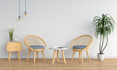 Fototapeta na wymiar wood chair in white room for mockup, 3D rendering