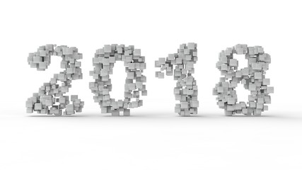 2018 date the New year from many cubes, pixels of different sizes. The blue and white. The idea for the calendar, eternity and time, past and future. 3D rendering on white background.