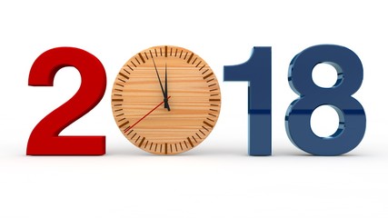 Blue and red numbers 2018 and wooden clock instead of zero. The idea of time and eternity. The best idea for a calendar for the year 2018 of the New Year. 3D rendering on white background.