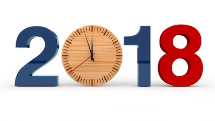Blue and red numbers 2018 and wooden clock instead of zero. The idea of time and eternity. The best idea for a calendar for the year 2018 of the New Year. 3D rendering on white background.