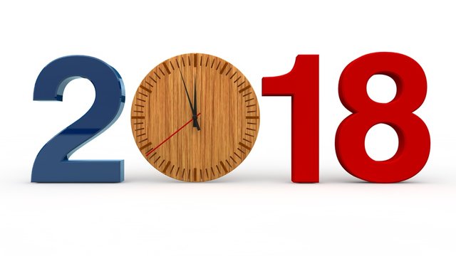 Blue and red numbers 2018 and wooden clock instead of zero. The idea of time and eternity. The best idea for a calendar for the year 2018 of the New Year. 3D rendering on white background.