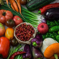Harvest, Autumn. Panoramic collection of fresh healthy fruits and vegetables. Healthy eating background. Vegetables background