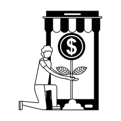 smartphone with parasol and young man