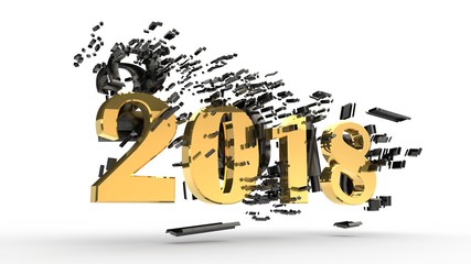 the image of a gold in 2018 in the cloud flying glass after the explosion. The idea of the birth of the New year for the calendar. 3D rendering on white background.