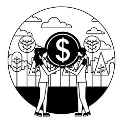 young couple with coin dollar in landscape