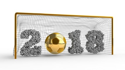 Football goal on a white background and date of 2018 from the array of soccer balls, with a Golden ball instead of zero. The idea of the future, the future of the sport. 3D rendering