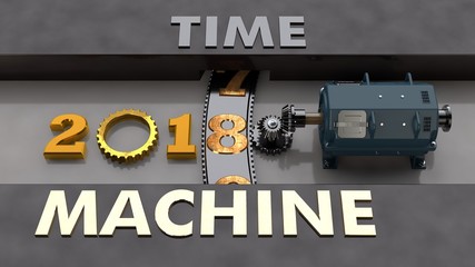 Motor and gearbox in 2018 and gear is zero. A time machine that can move of the year from past to future grey metal. The idea of a holiday New year and Christmas. 3D rendering