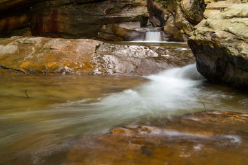 Forest Waterfall, Long Exposure Of Stream Cutting Through BedRocks