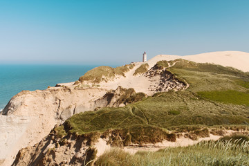 panorama overview of the giant sand dunes landscape landmark in northern denmark. Rubjerg Knude...