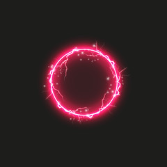 Red round frame. Shining circle banner. Isolated on black transparent background. Vector illustration