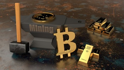 the anvil and hammer on the metal background and lots of gold ingots, coins, cryptocurrency bitcoin symbol. The idea of mining the Internet of money. A symbol of stability and prosperity. 3d rendering