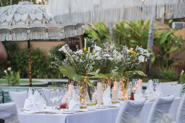 Wedding table decor. Beautiful Festive table set up for wedding or party