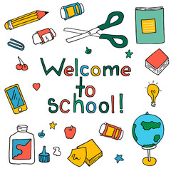 School elements set: globe, folders, calendar, card, diary, pencils, books, papers.