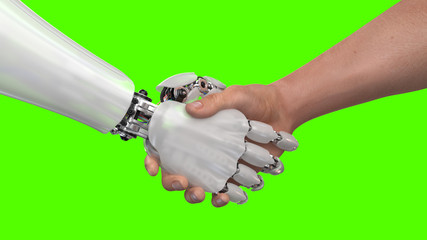Robot and Man Shaking Hands on a green background. 3d render - 217456923