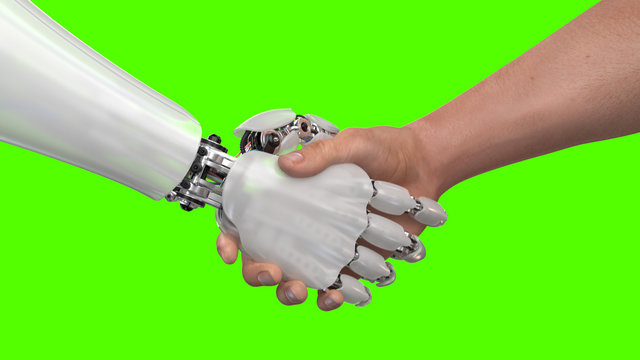 Robot and Man Shaking Hands on a green background. 3d render