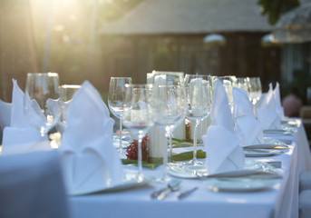 Wedding table decor. Beautiful Festive table set up for wedding or party