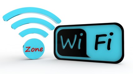 the image of panel text Wi Fi black and blue color and sign of Wi Fi distribution of blue color. The idea of zones and areas free Internet access. Isolated on a white background. 3D rendering