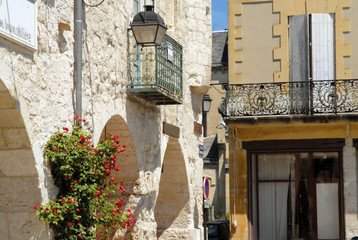 Fototapeta na wymiar Ville médiévale d'Eymet, balcon en fer forgé et lanterne, rosier grimpant le long de la façade, département de la Dordogne, Périgord, France
