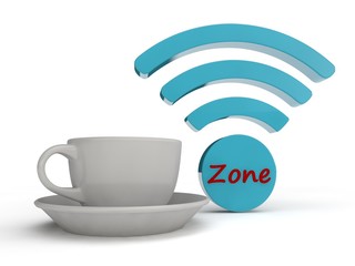 sign Wi Fi, and the text area is red, antenna blue color, symbol of communication and Internet for mobile devices with a mug for coffee and tea. The idea of a relaxing and enjoyable work, 3D rendering