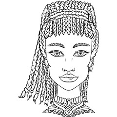 Hand drawn doodle girl on white background. Womens portrait for adult coloring book.