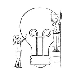 business woman climbing stairs and bulb idea hand drawing design
