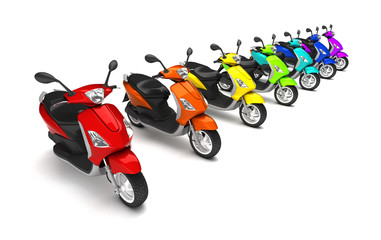 3D Rendering of group multicolored modern motor scooters in row isolated on white background. Perspective. High angle view