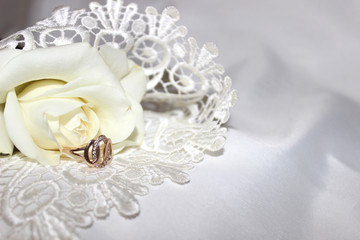 wedding background. Gold ring on a white rose background