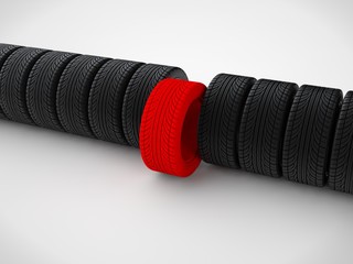 image of row of tires and one red, protruding out of range. The idea of selecting the best product. On white background, 3D rendering