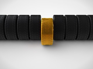 image of row of tires and one gold, she is out of range. The idea of selecting the best product. On white background, 3D rendering
