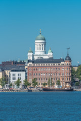 Helsinki in Finland, view of the town from the sea, with the harbor and the cathedral in background 
