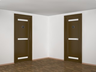 the image two doors male and female toilets in the room. The idea of choice and necessity. 3D rendering