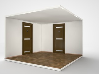 the image two doors male and female toilets in the room. The idea of choice and necessity. 3D rendering