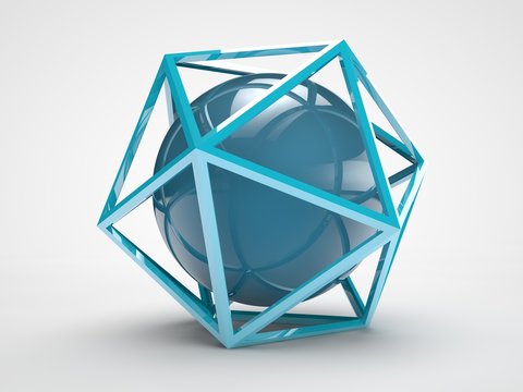 the image of the octahedral lattice, geometric shapes blue color on a white background with a blue sphere, a globe in the center. Abstraction, the idea of perfection and wisdom. 3D rendering