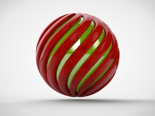 The image of a sphere formed red spiraled ribbons, inside of which is a green ball. The idea of harmony and perfection, success and prosperity. 3D rendering on white background.