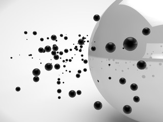 Image with using depth of field and white sphere hovering next to the many black balls. The idea of weightlessness, of chaos, of harmony, order and perfection. 3D rendering