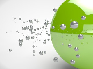 The image of the green sphere, close-up and floating next to many of the silver balls. The idea of weightlessness, of chaos, of harmony, order and perfection. 3D rendering