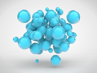 The image array flying blue balls, a collection of molecules. Abstraction on a white background. 3D rendering
