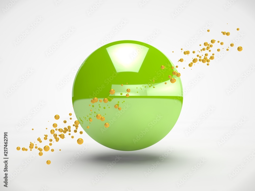 Poster the image of the green sphere in the center of the array floating in weightlessness small gold beads