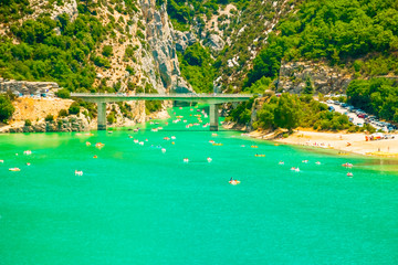 Green river with boats and kayaks at Gorges du Verdon biggest european canyon and river view, Verdon, Provence in France