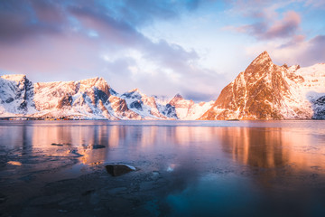 Mountain Landscape covered with snow in Lofoten, Norway.