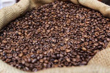 Coffee Beans in an Opened Canvas Sack