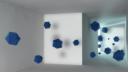 the image of the room of white cubes, with flying blue polyhedra. Abstraction, the idea of cleanliness and order, space and time, past and future, borders and infinity, weightlessness. 3D rendering