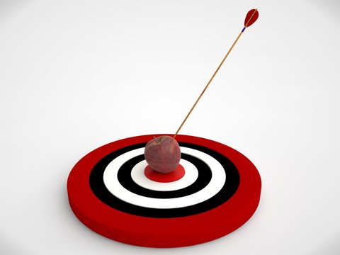 an image of a target of concentric red rings and arrows, hit the target in the bone. The image on a white background. 3D rendering. The idea of success and good luck.