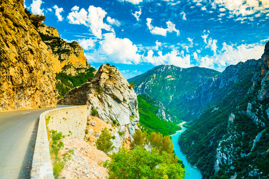 Beautiful viewpoint form biggest canyon Verdon Gorge Canyon of the Europe with river and lake, Provence in France