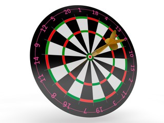 an image of a target of concentric brown rings and a dart hit the target. The image on a white background. 3D rendering. The idea of success and good luck.