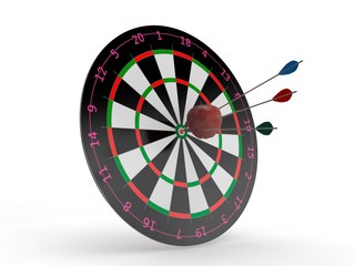 Obraz premium the image of the target for Darts and Apple in the center with the arrows hit the target. The image on a white background. 3D rendering. The idea of success and good luck.