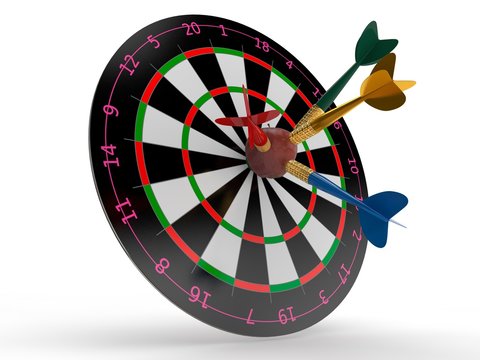 the image of the target for Darts and Apple in the center of the dart hit the target. The image on a white background. 3D rendering. The idea of success and good luck.